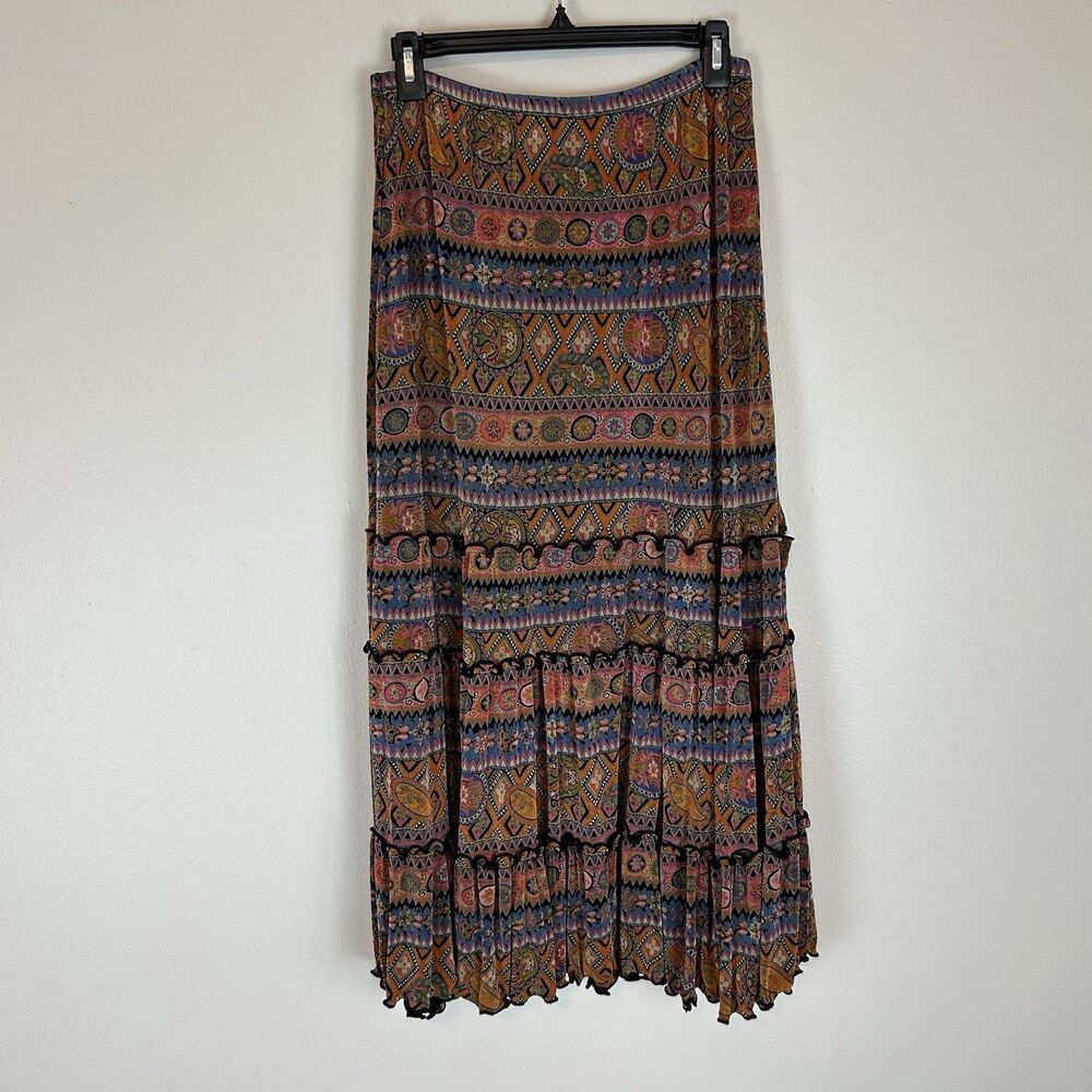 Size L Aztec Hippie Maxi Skirt Slinky Jersey Tiered Grunge Fairy Boho Gyspy Long